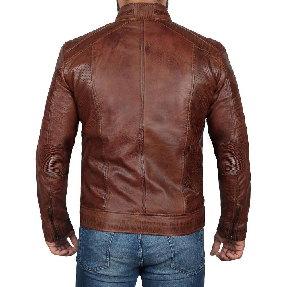🆕Men’s Brown Decrum Real Lambskin Leather Jacket Cafe Racer Motorcycle - Picture 4 of 5